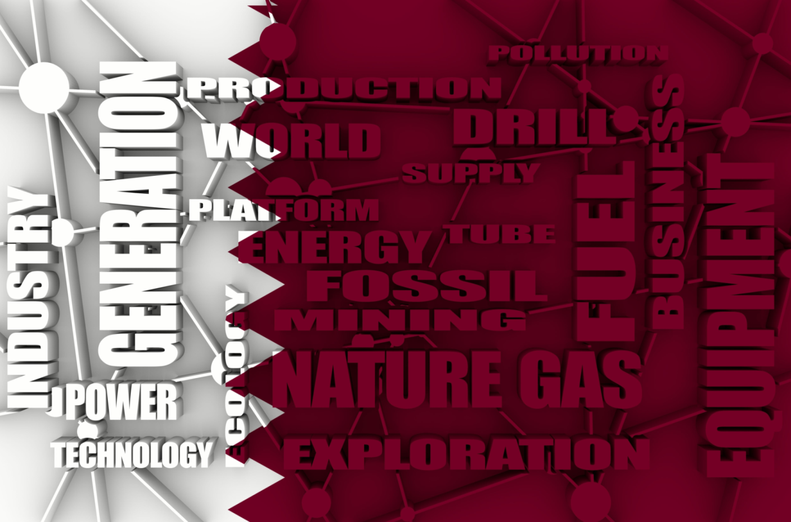 Nature gas relative tags cloud. Image relative to gas production and supply. Connected lines with dots. Flag of the Qatar on backdrop.