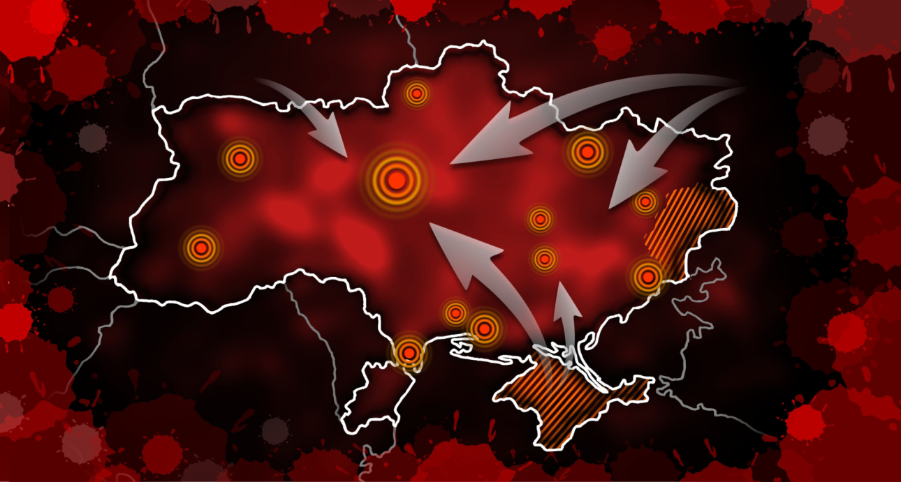 War in Ukraine, Russian invasion of Ukraine. Infographic, illustration of bloodstains, arrows, red background, targets, Ukrainian map as symbol of political conflict and military aggression