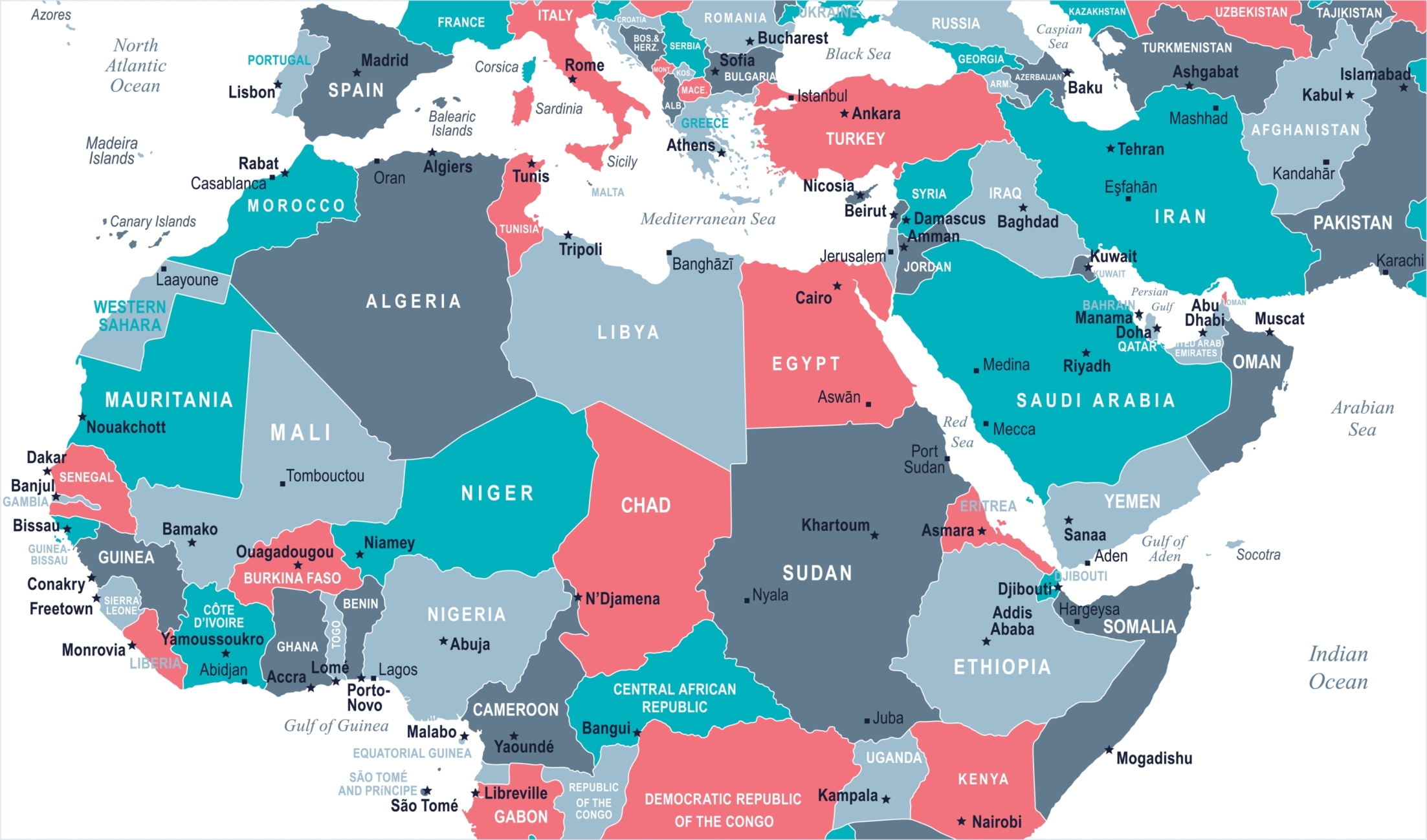 Map of European, Middle Eastern and African Nations