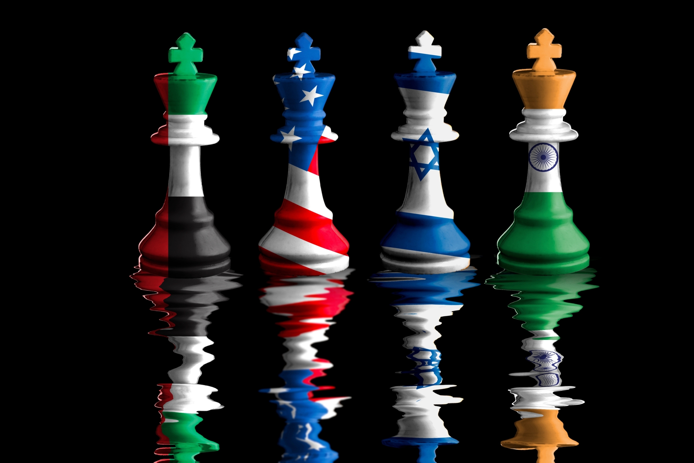 Chess Figures with the Flags of UAE, USA, Israel and India